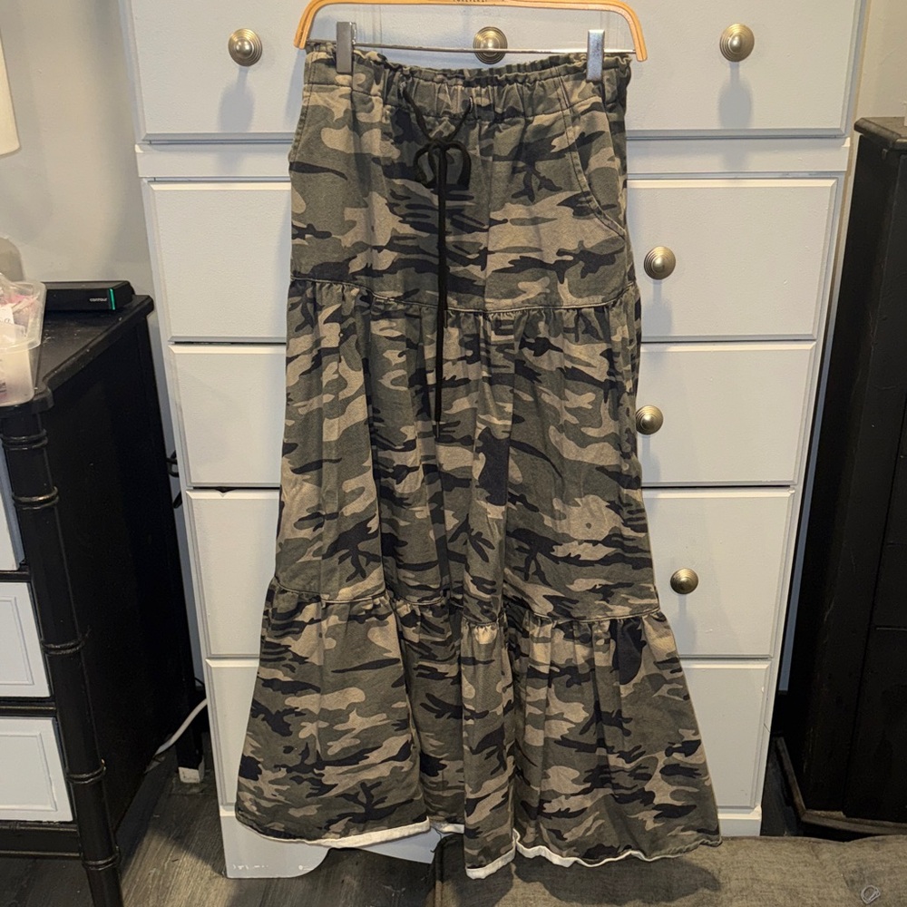 Camo Tiered Maxi Skirt with Drawstring Waist